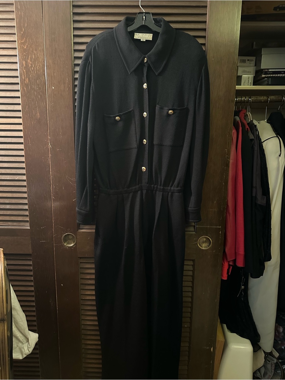 St. John Black Long-Sleeve Button-Front Jumpsuit with Gold Buttons